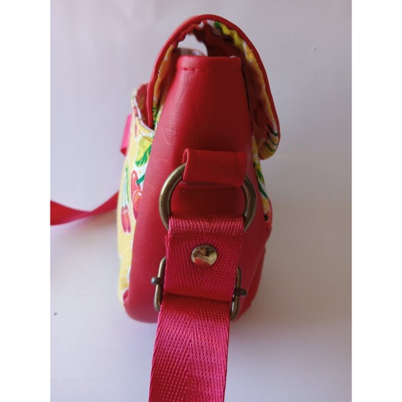 Handmade Cross Body Bag Red Faux Leather w/ Yellow & Cherry Retro Cotton - Picture 10 of 15
